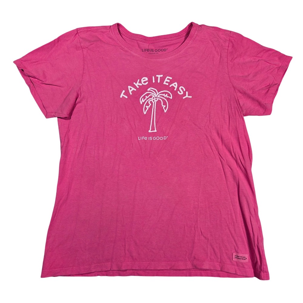 Life is Good Womens Crusher Tee Pink Take It Easy Palm Tree Graphic T-Shirt L